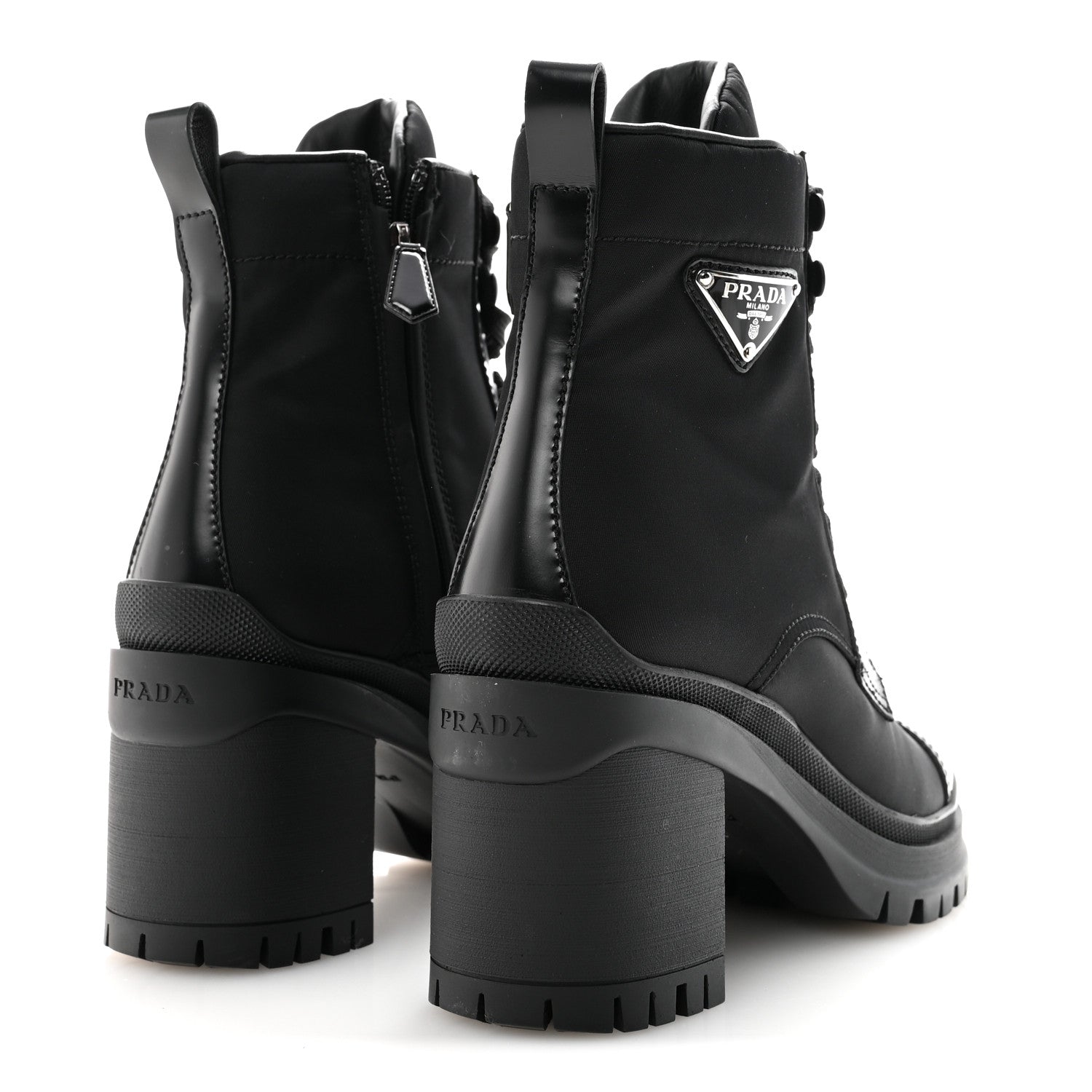 Prada Spazzolato Re-Nylon Metal Triangle Logo Lace Up 85mm Ankle Boots 36 Black