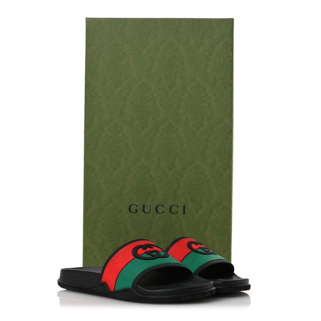 Gucci Rubber Web Womens Interlocking G Slide Sandals 33 Black Green Red