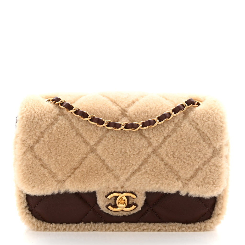 Chanel Shearling Lambskin Quilted Furry Coco Flap Dark Brown Beige