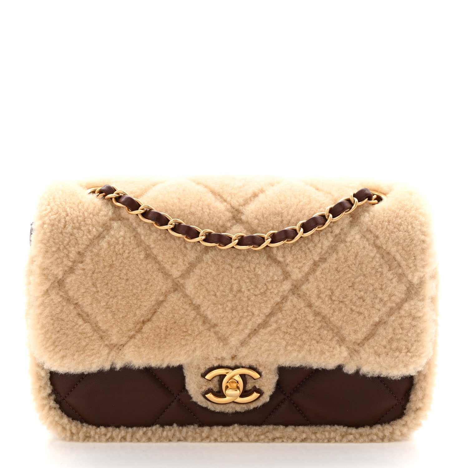 Chanel Shearling Lambskin Quilted Furry Coco Flap Dark Brown Beige
