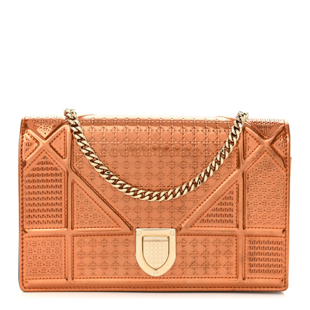 Christian Dior Metallic Patent Micro-Cannage Diorama Wallet on Chain Pouch Orange