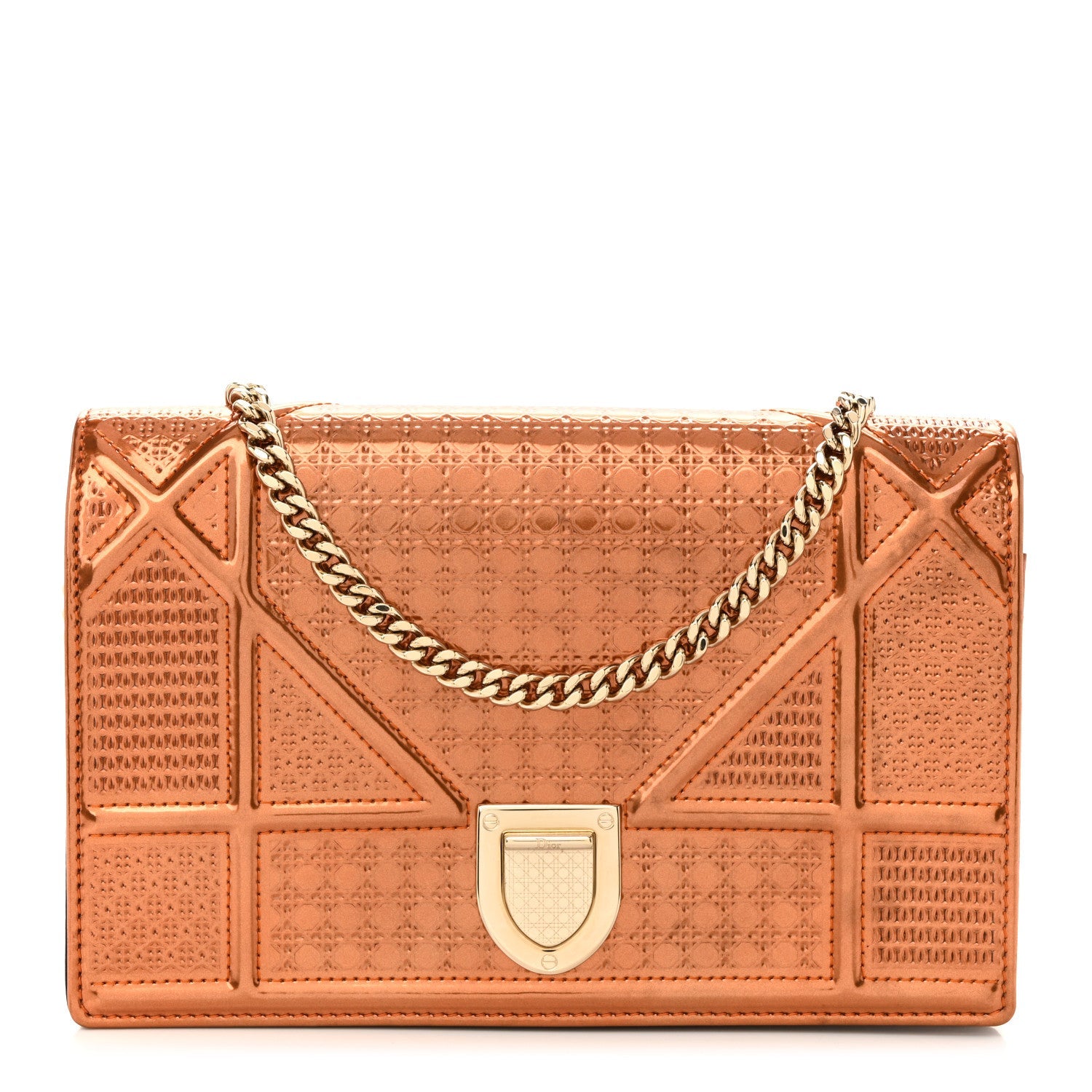Christian Dior Metallic Patent Micro-Cannage Diorama Wallet on Chain Pouch Orange