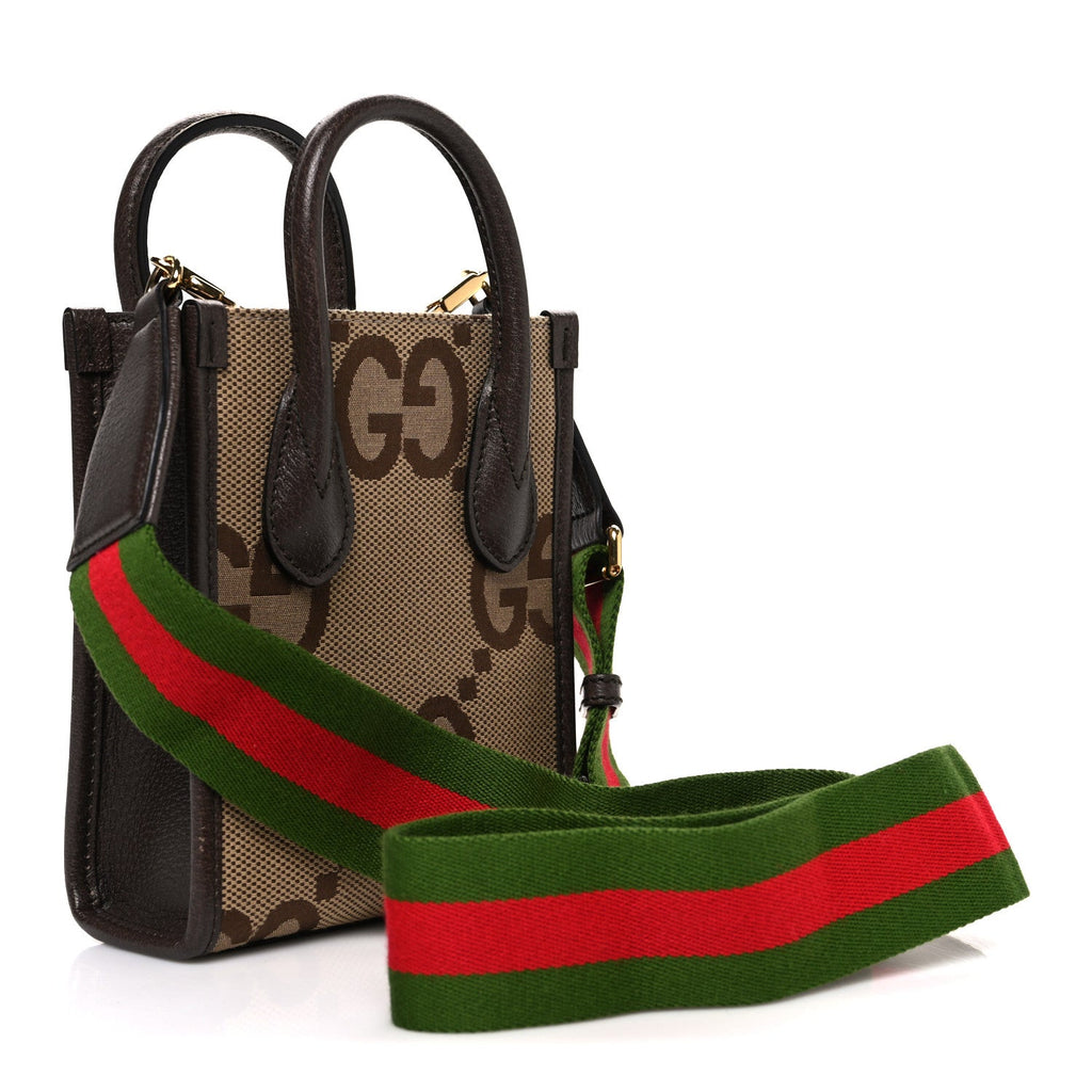 Gucci Monogram Jumbo GG Textured Dollar Calfskin Web Mini Vertical Tote Camel Ebony New Acero