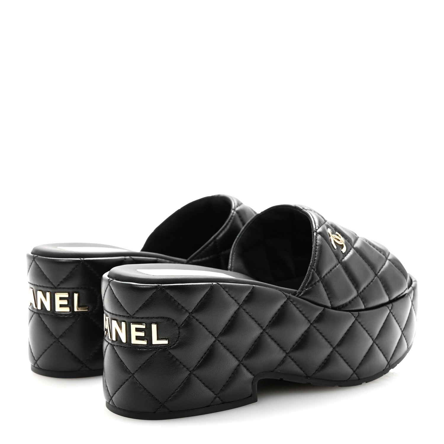 Lambskin Quilted CC Mules Wedge Sandals 37 Black