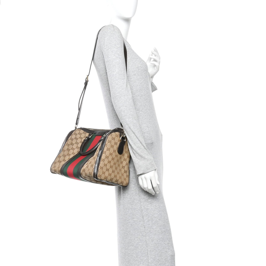Gucci Monogram Selleria Calfskin Vintage Web Medium Boston Beige Ebony Cocoa