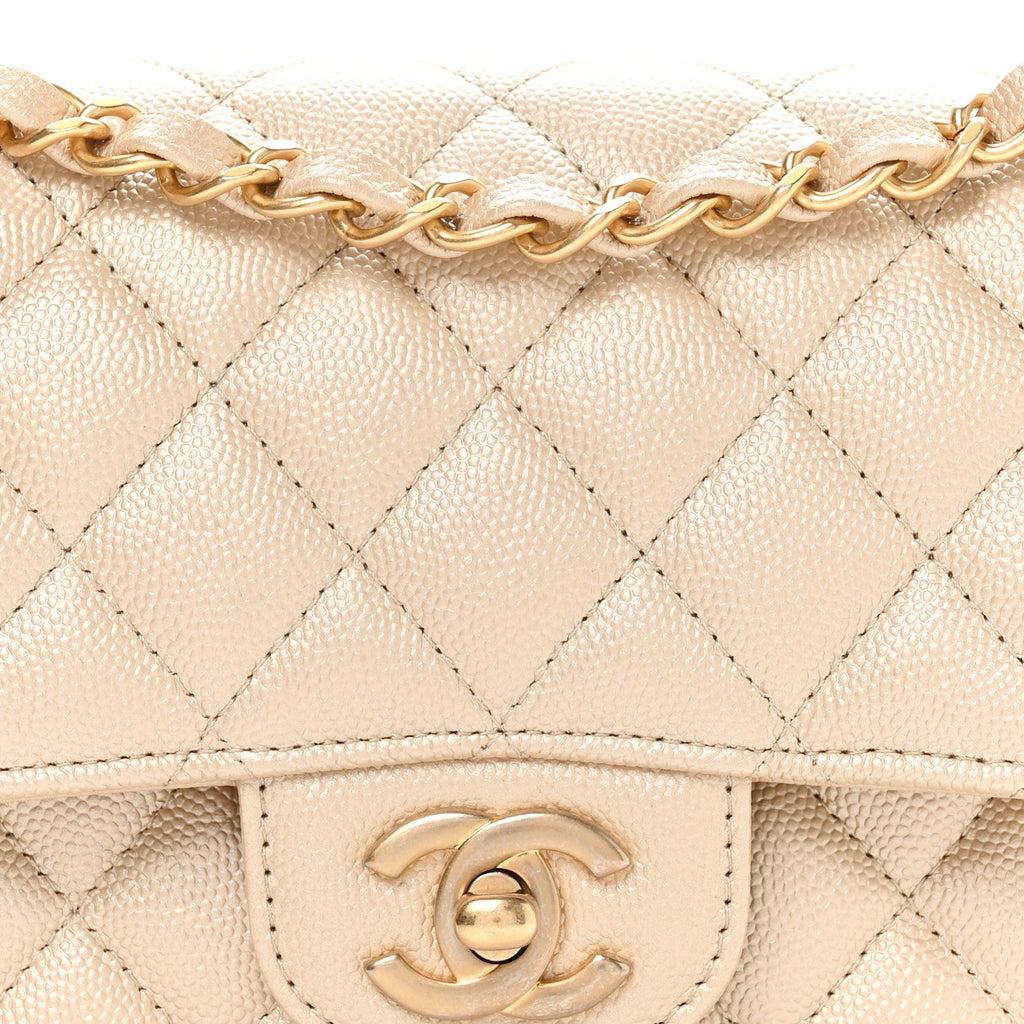 Chanel Metallic Caviar Quilted Small Double Flap Beige