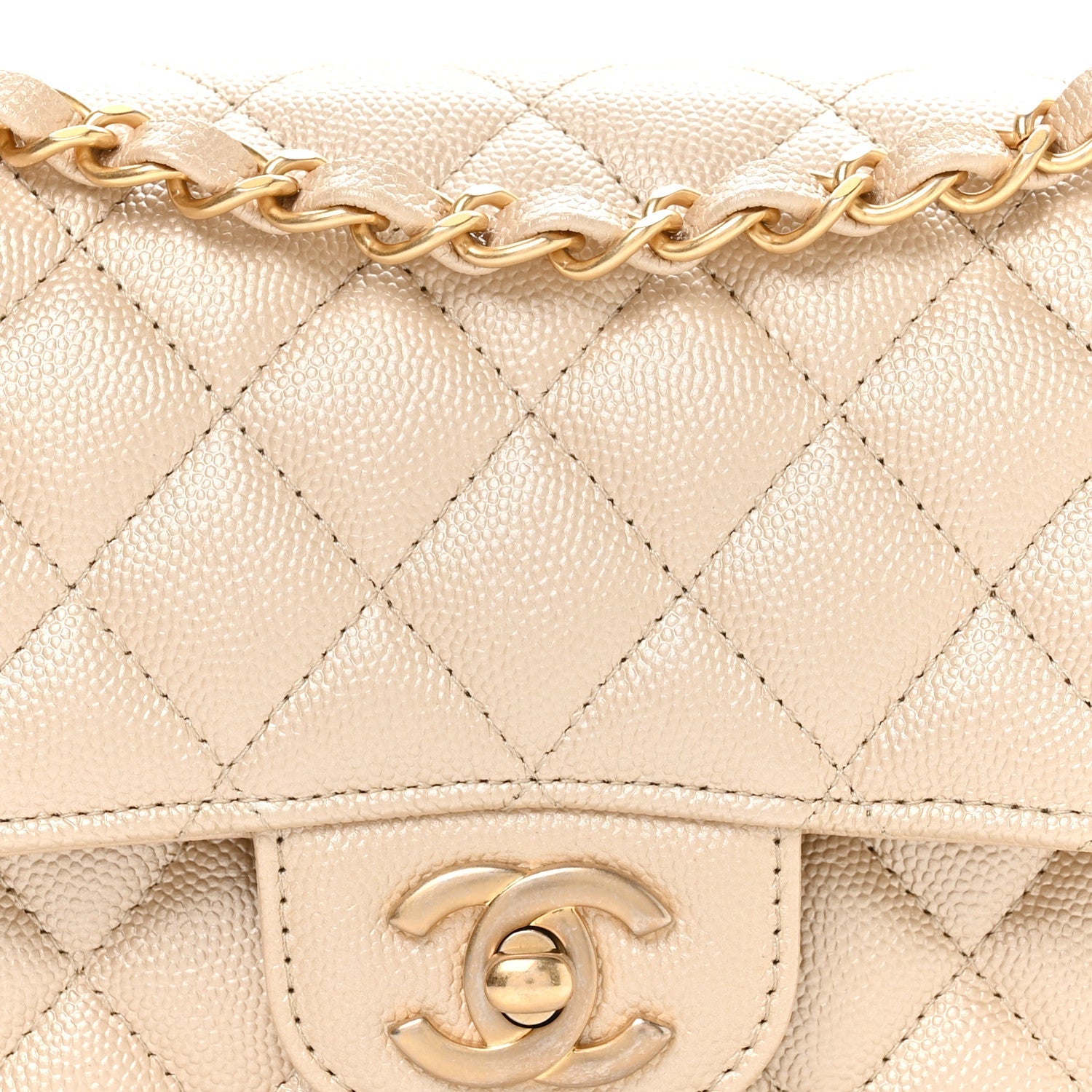 Chanel Metallic Caviar Quilted Small Double Flap Beige