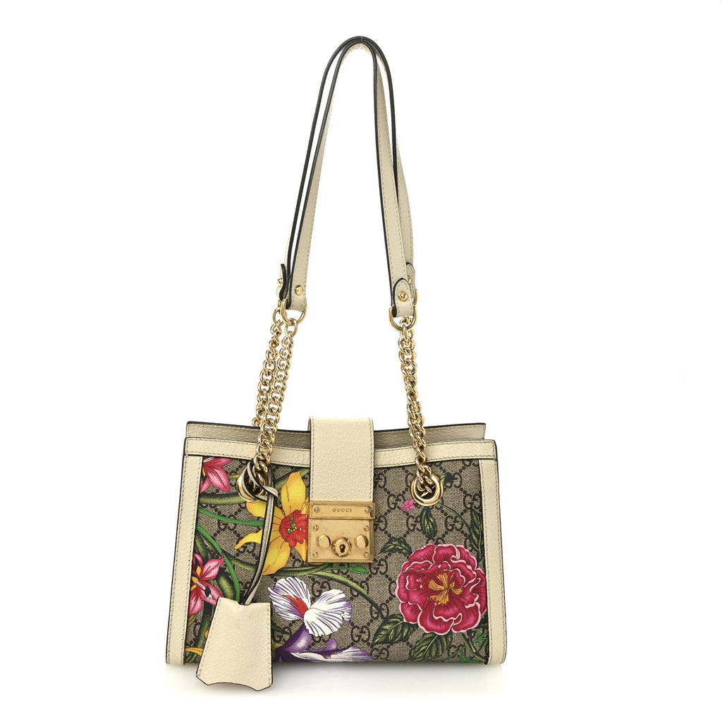 Gucci GG Supreme Monogram Flora Textured Calfskin Small Padlock Tote Beige Ebony Multicolor Mystic White