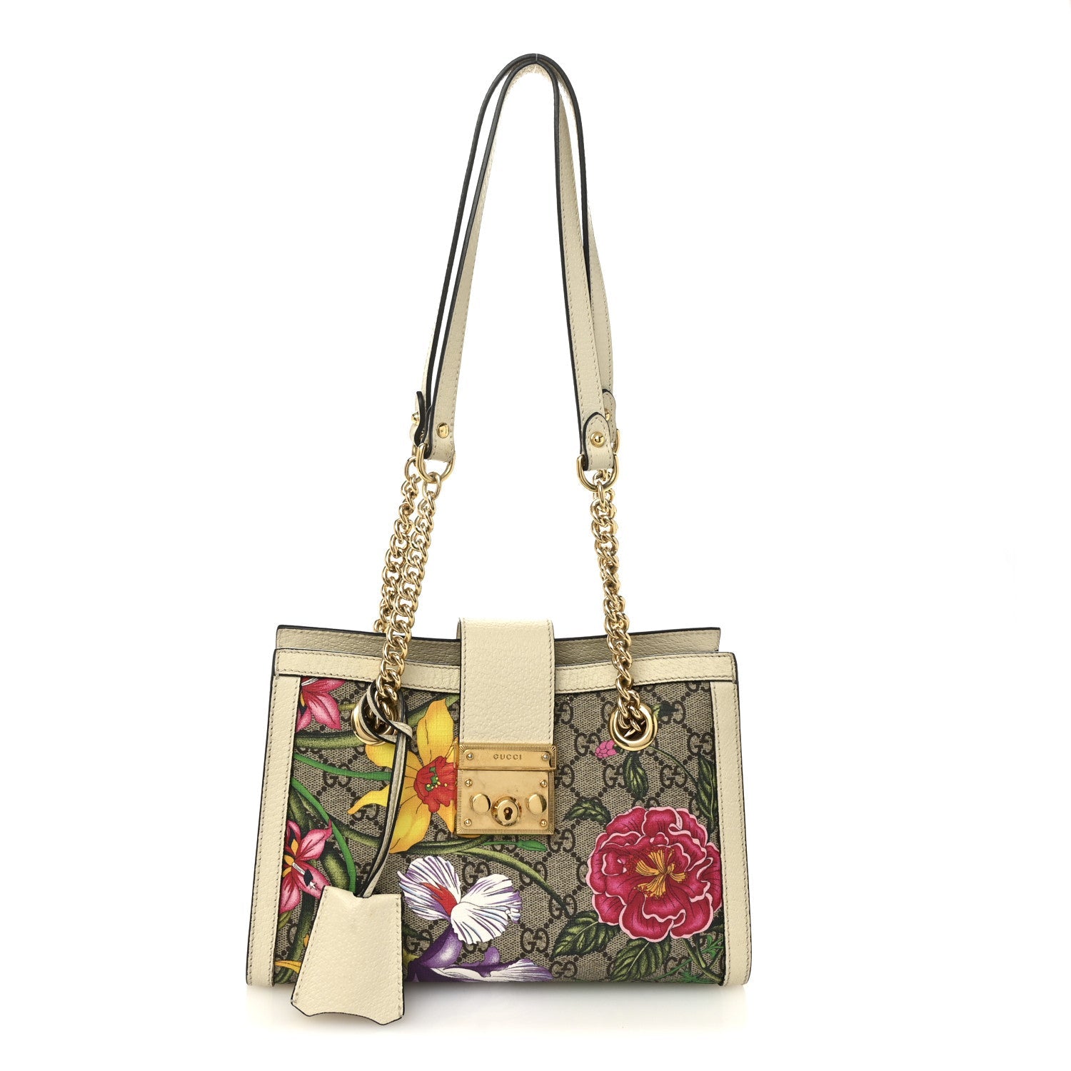 Gucci GG Supreme Monogram Flora Textured Calfskin Small Padlock Tote Beige Ebony Multicolor Mystic White