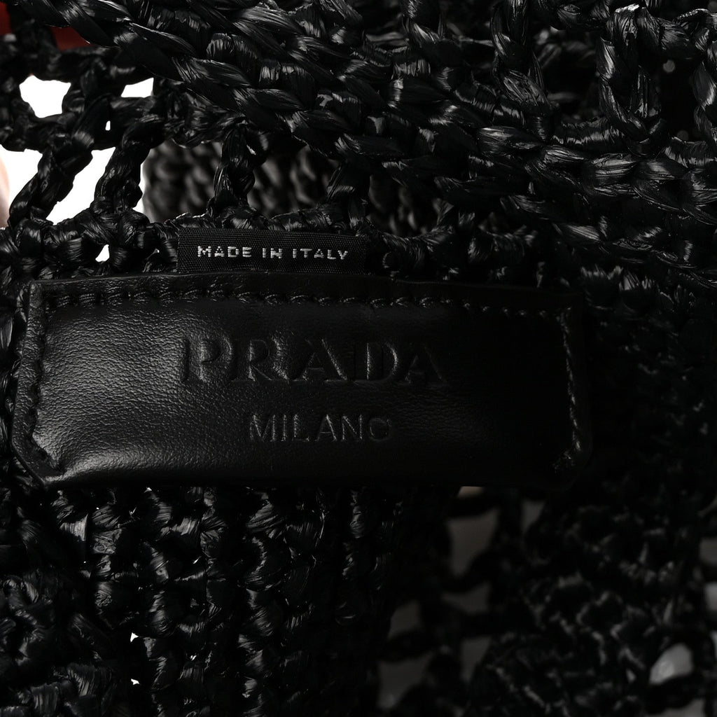 Prada Yarn Raffia Effect Crochet Logo Embroidered Small Tote Bag Black