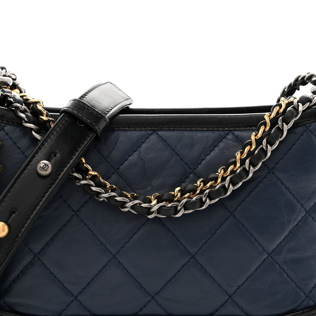 Chanel Aged Calfskin Quilted Small Gabrielle Hobo Navy Black