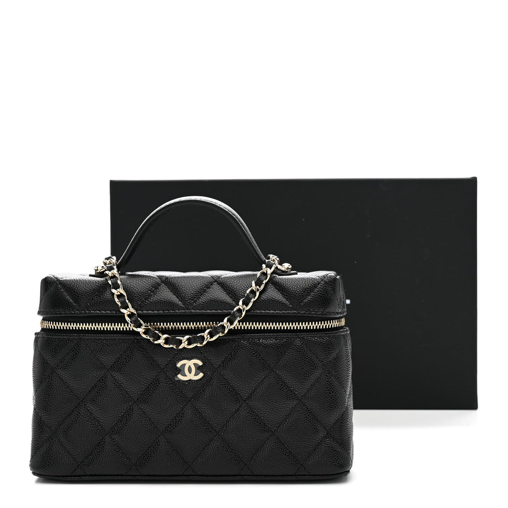 Chanel Caviar Quilted Top Handle Slim Vanity With Chain Black