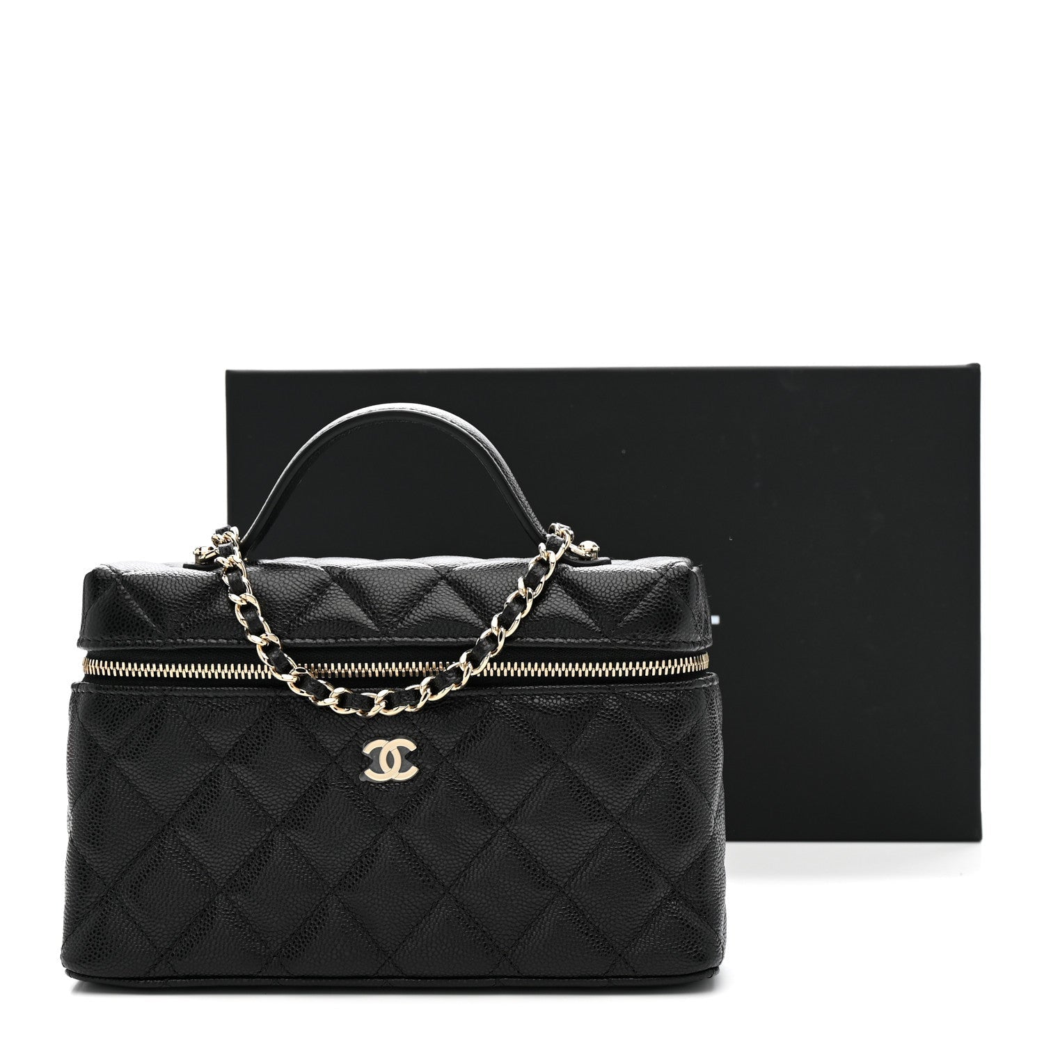 Chanel Caviar Quilted Top Handle Slim Vanity With Chain Black