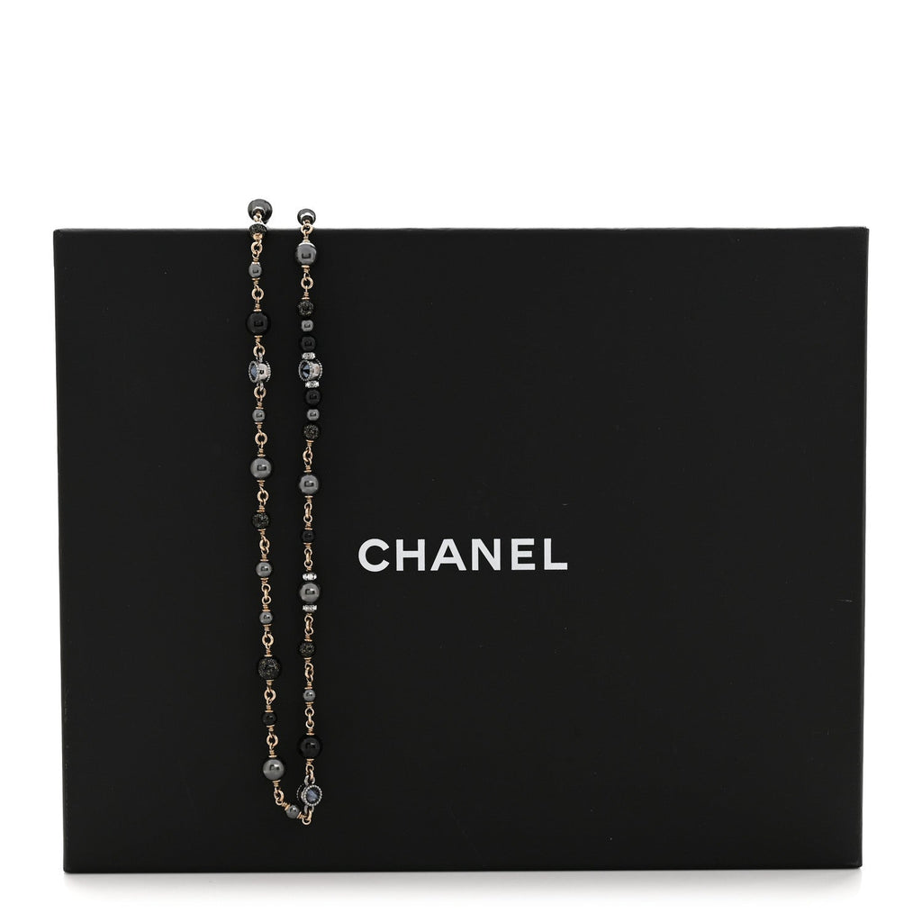 Pearl Bead Crystal CC Long Necklace Black Gold