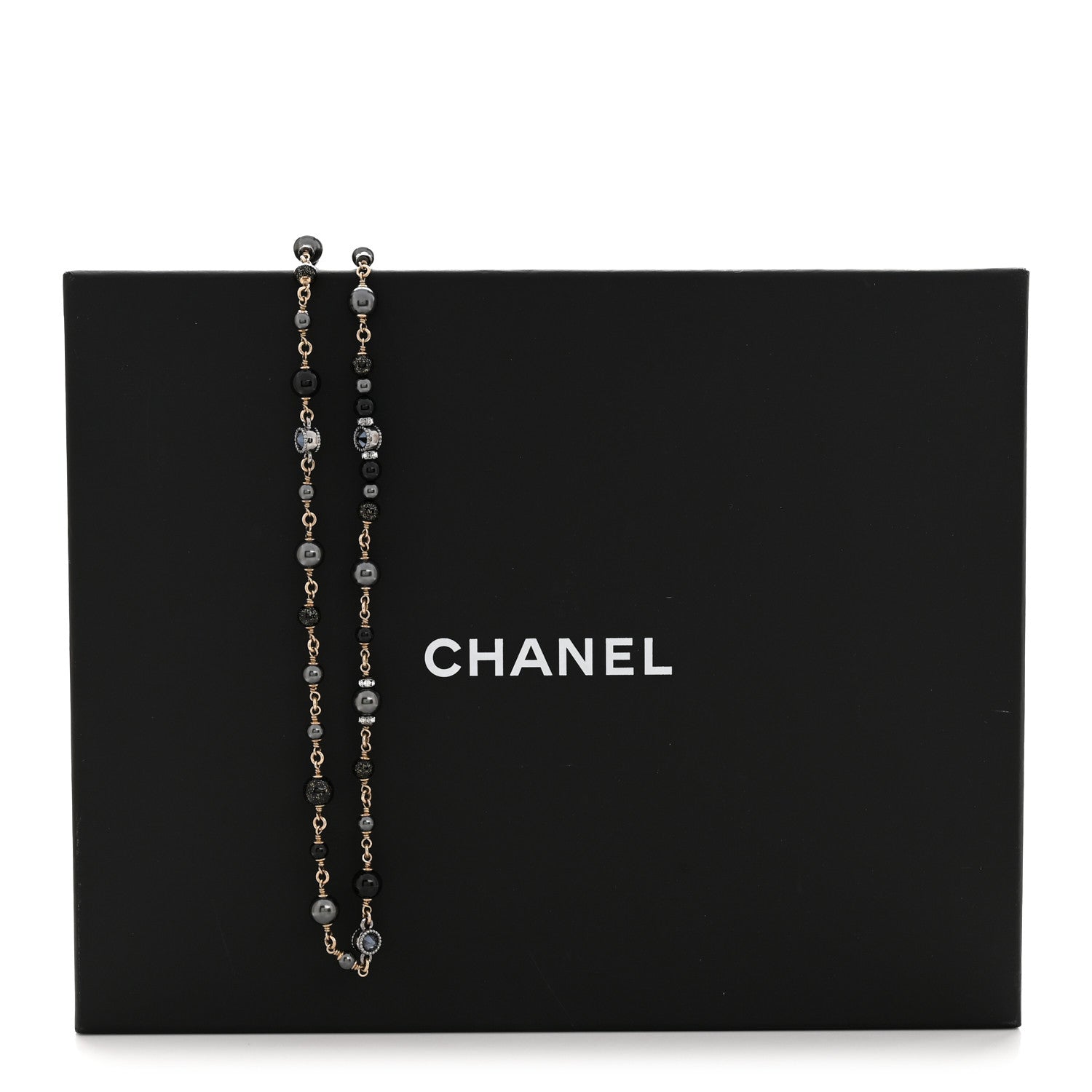 Pearl Bead Crystal CC Long Necklace Black Gold