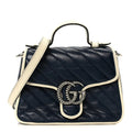 Gucci Vintage Effect Calfskin Matelasse Diagonal Mini Torchon GG Marmont Top Handle Shoulder Bag Blue Agata Mystic White