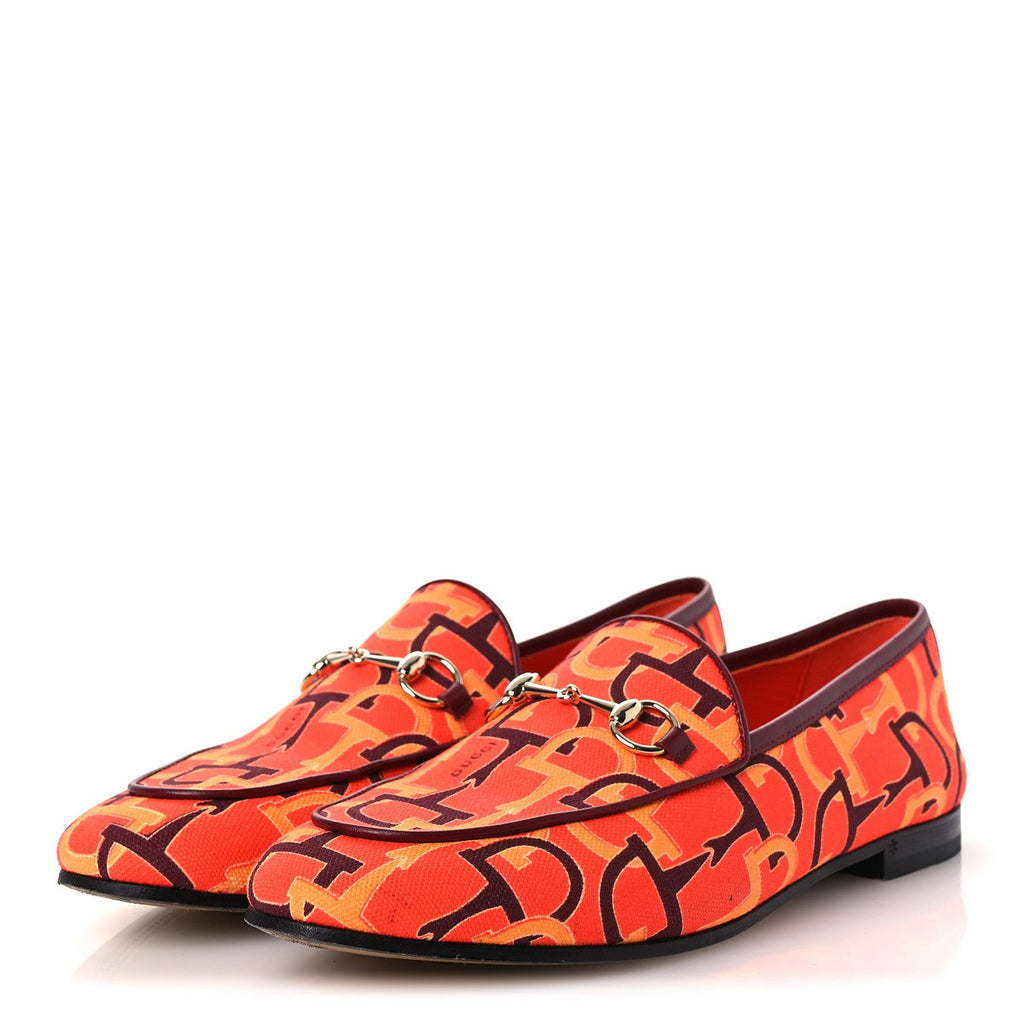 Gucci Betis Glamour Canvas Horsebit Print Womens Jordaan Loafers 39.5 Orange Red Rosso Ancora