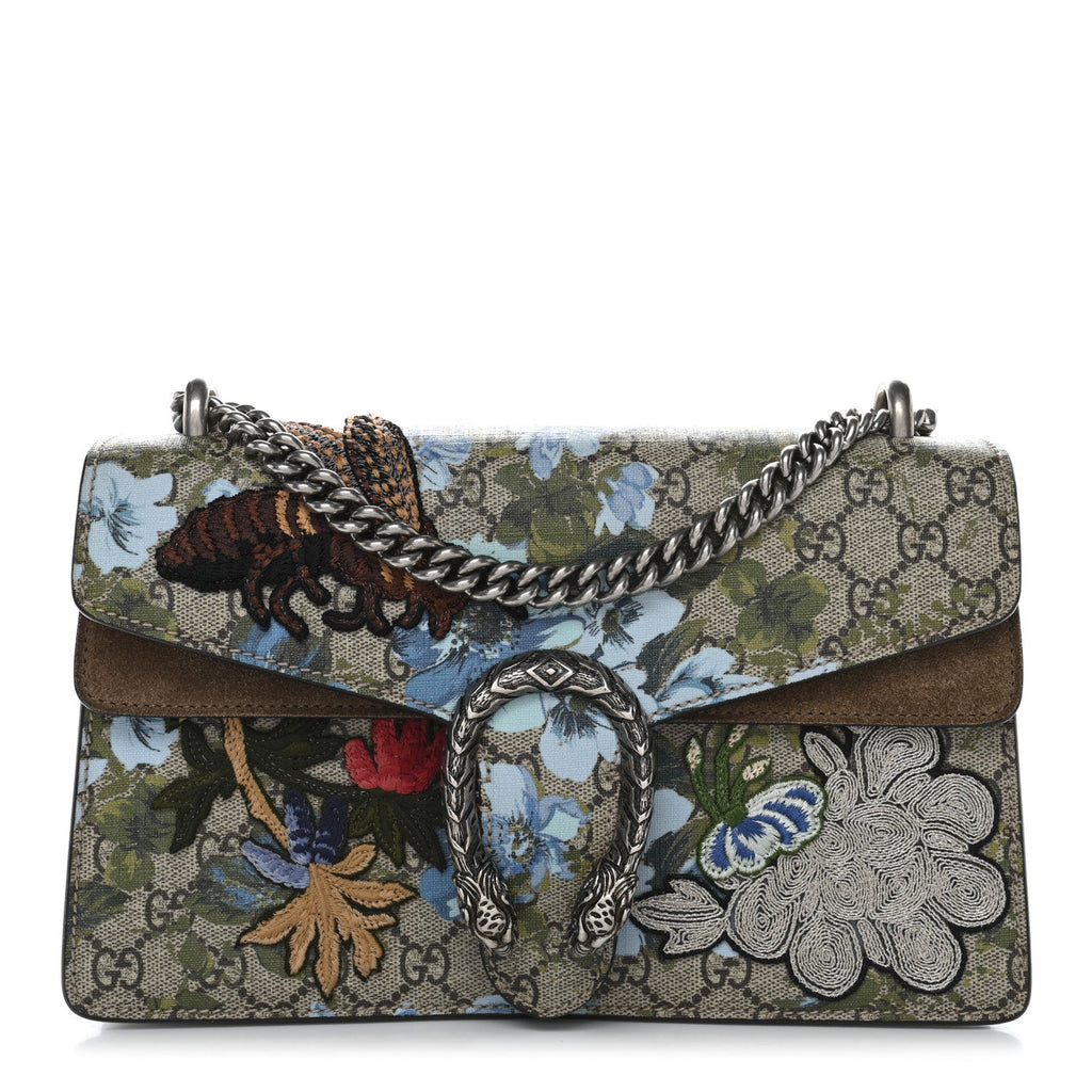Gucci GG Supreme Monogram Blooms Print Embroidered Small Dionysus Shoulder Bag Blue Taupe
