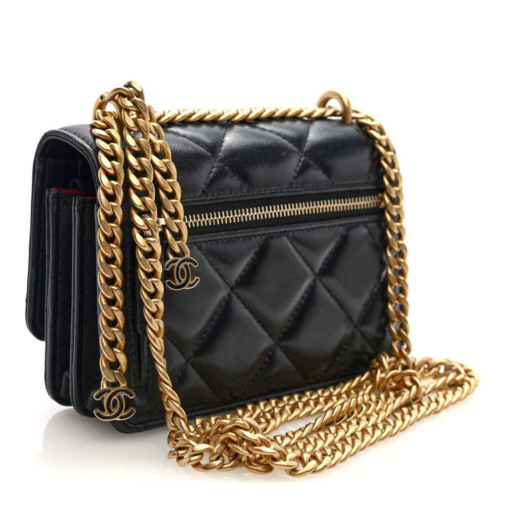Chanel Lambskin Enamel Quilted Pending CC Clutch With Chain Black