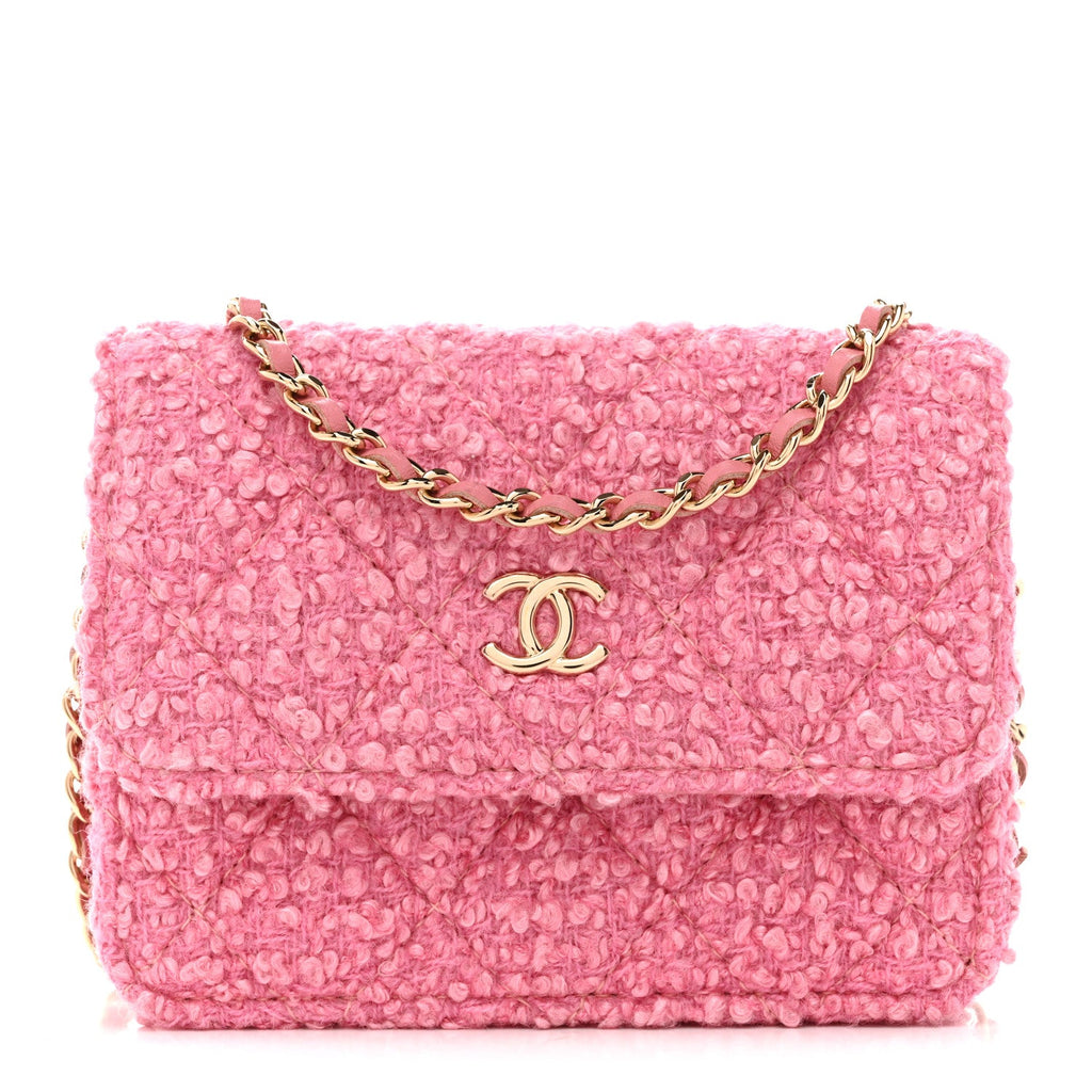 Chanel Tweed Quilted Flap Chain Waist Bag Pink
