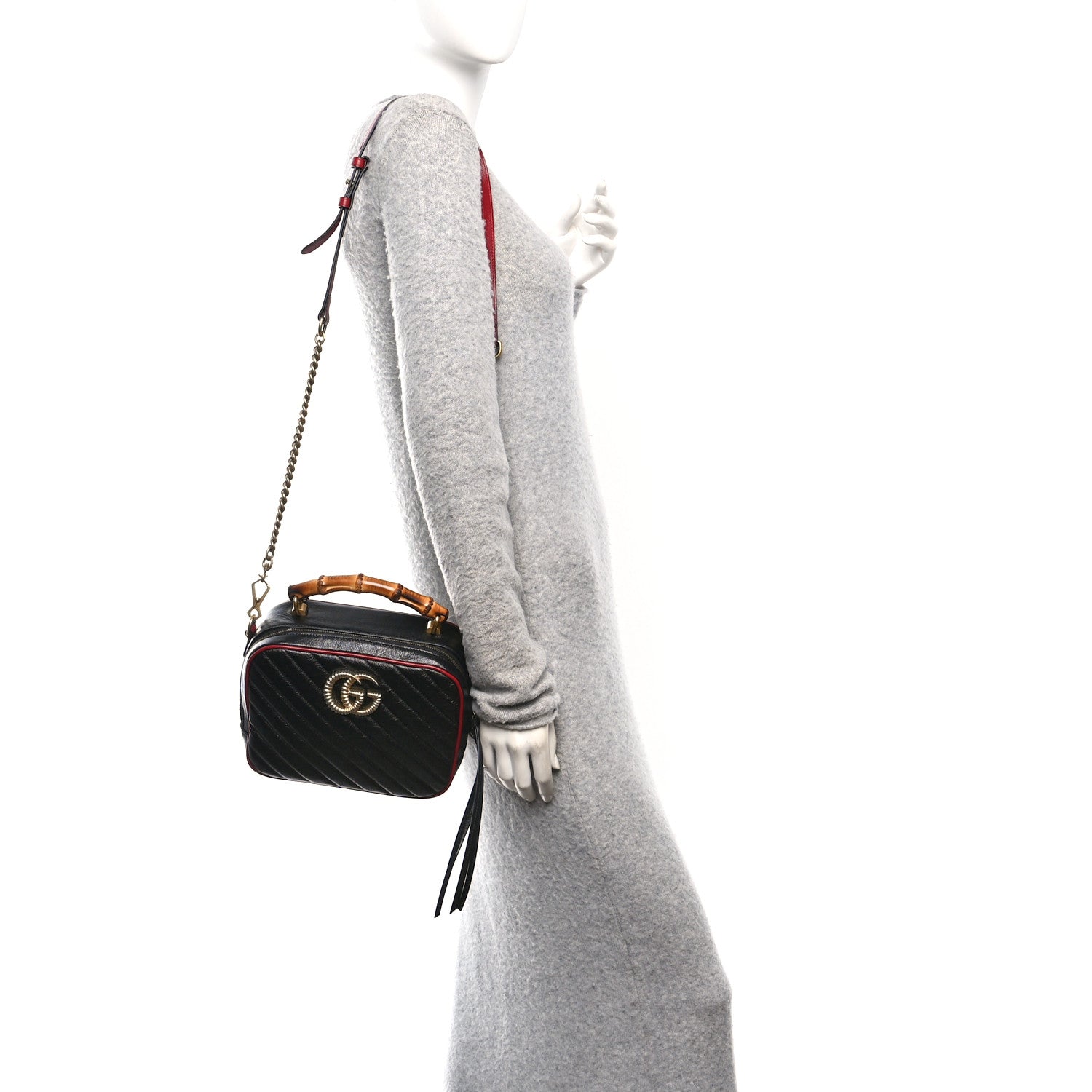 Gucci Vintage Effect Calfskin Matelasse Diagonal Small Torchon GG Marmont Bamboo Top Handle Shoulder Bag Black Romantic Cherry