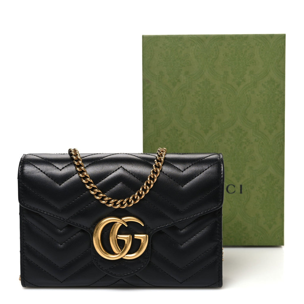 Gucci Calfskin Matelasse GG Marmont Chain Wallet Black
