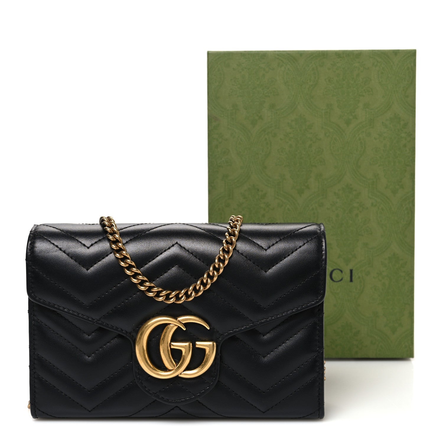 Gucci Calfskin Matelasse GG Marmont Chain Wallet Black