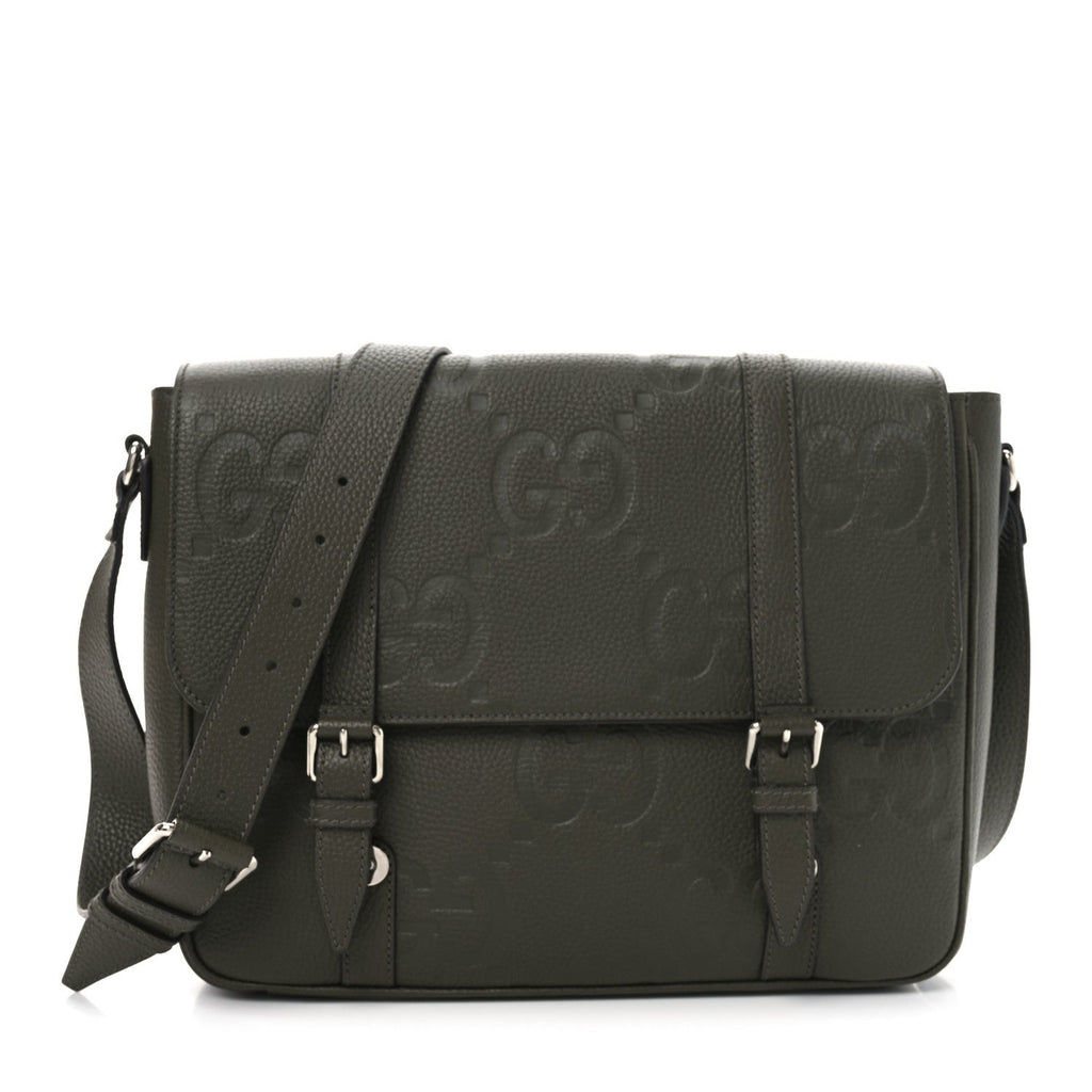 Gucci Piuma Calfskin Jumbo GG Embossed Double Buckle Medium Messenger Bag Dark Vintage Olive