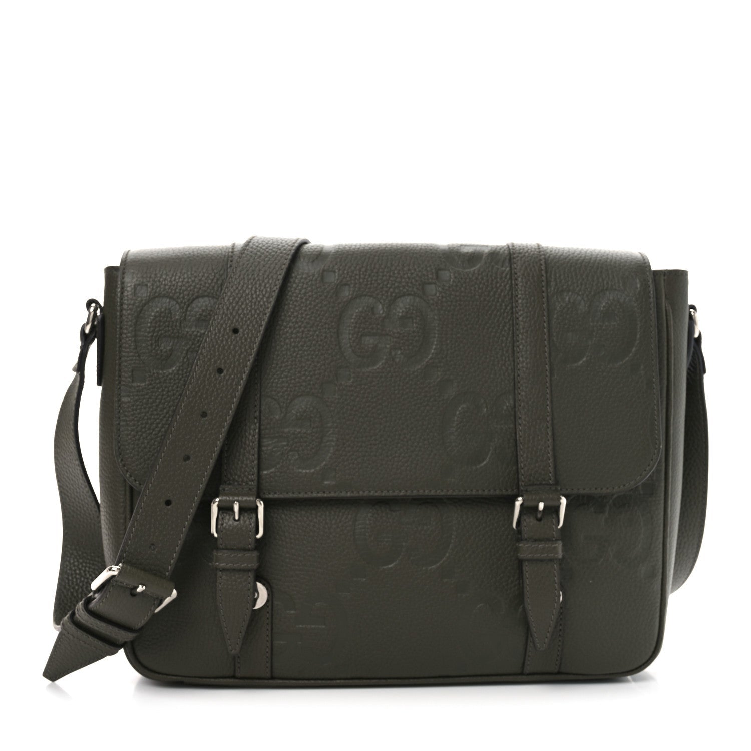 Gucci Piuma Calfskin Jumbo GG Embossed Double Buckle Medium Messenger Bag Dark Vintage Olive