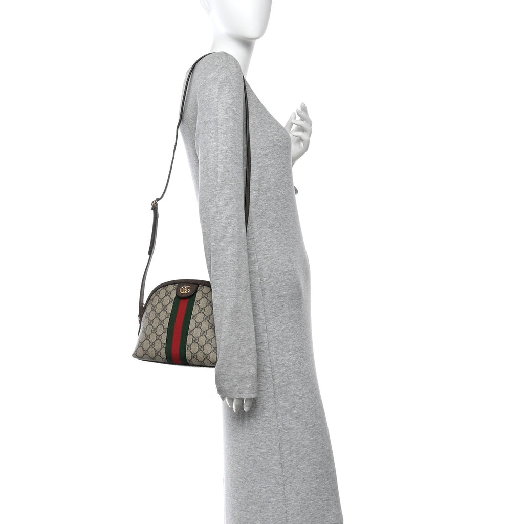 Gucci GG Supreme Monogram Textured Dollar Calfskin Web Small Ophidia Dome Shoulder Bag Beige Ebony New Acero