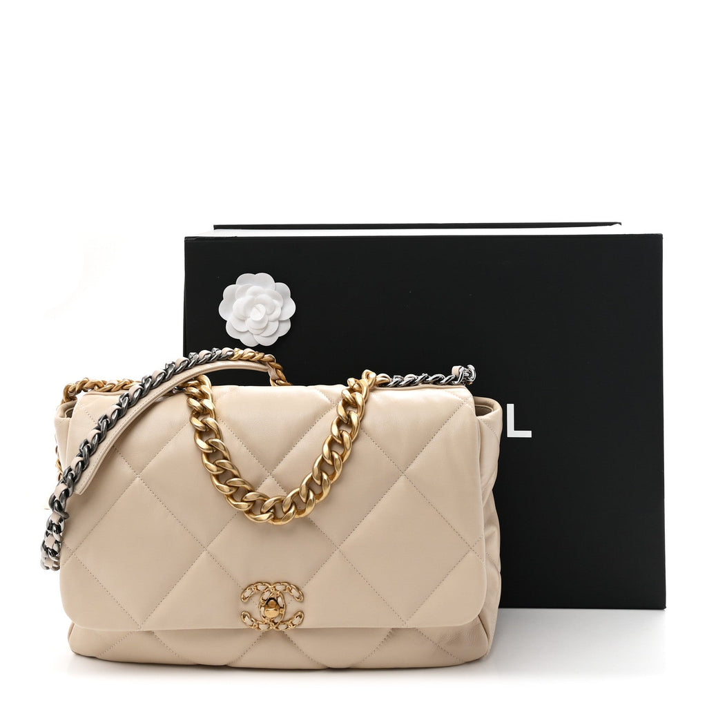 Chanel Goatskin Quilted Maxi Chanel 19 Flap Beige