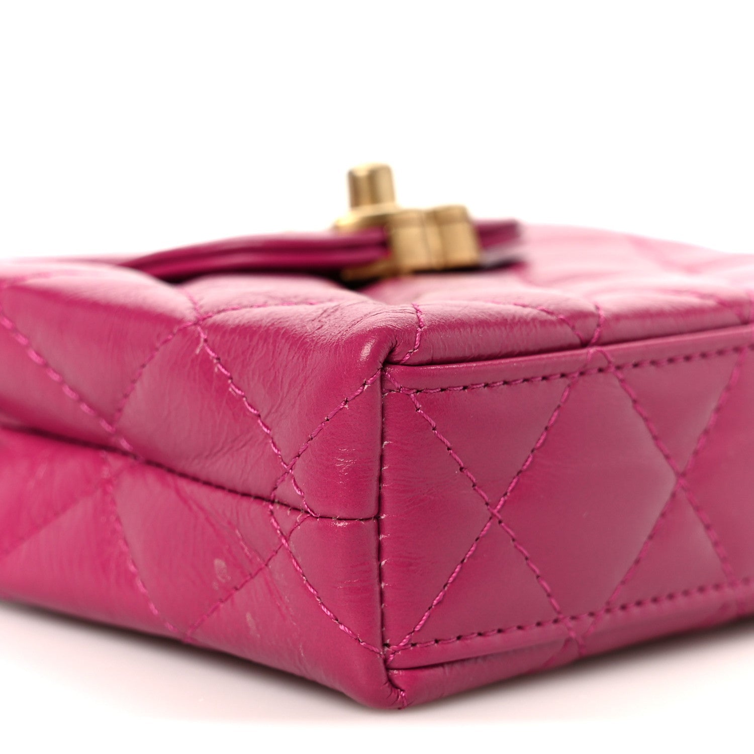 Chanel Shiny Aged Calfskin Quilted Mini Nano Kelly Shopper Dark Pink