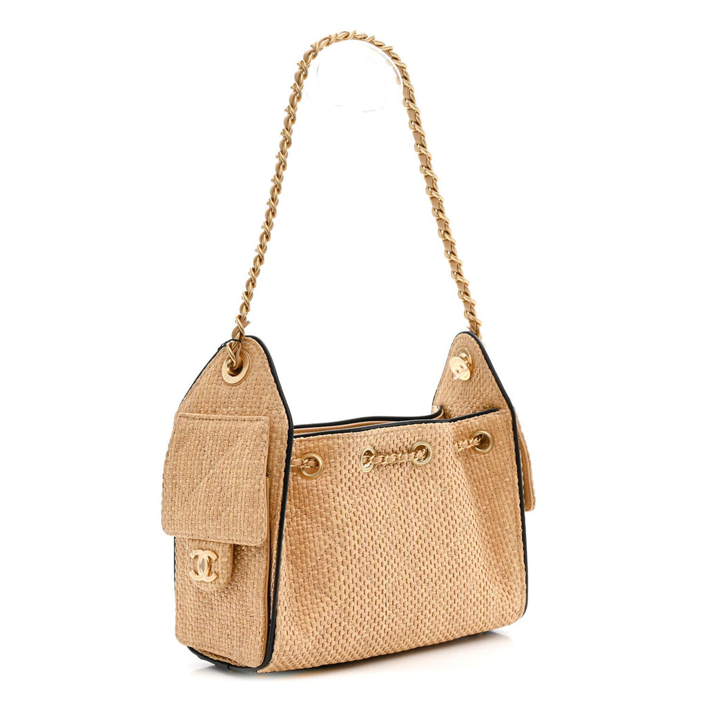 Chanel Braided Raffia Calfskin Quilted Mini Chanel 25 Handbag Beige Black