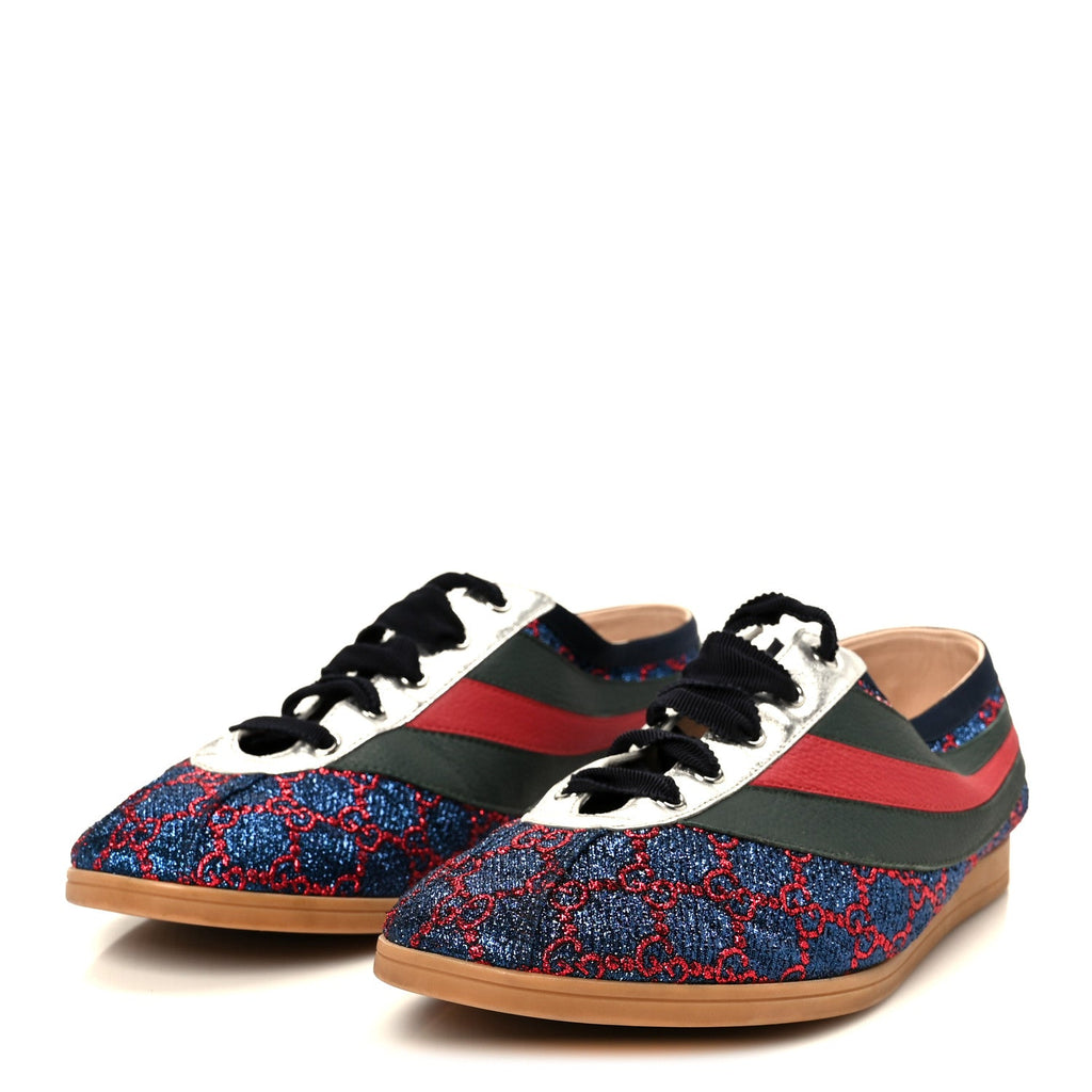 Gucci Lurex Calfskin Web GG Monogram Mens Falacer Sneakers 9 Iridescent Blue Iridescent Red Silver