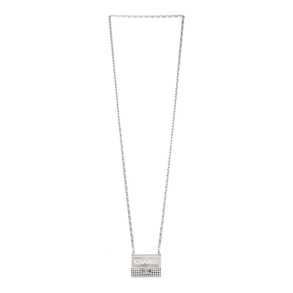 Metal Lambskin Strass Crystal Purse CC Long Necklace Silver