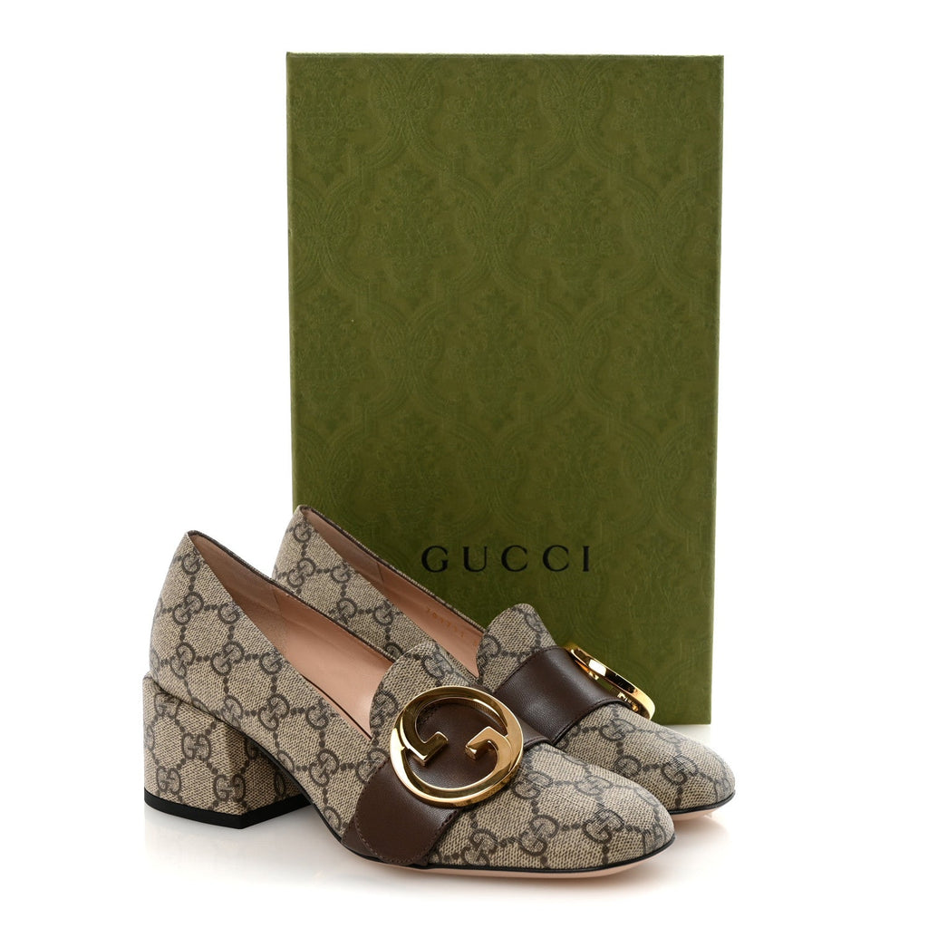 Gucci GG Supreme Monogram Malaga Kid Blondie Pumps 35.5 Beige Ebony New Acero