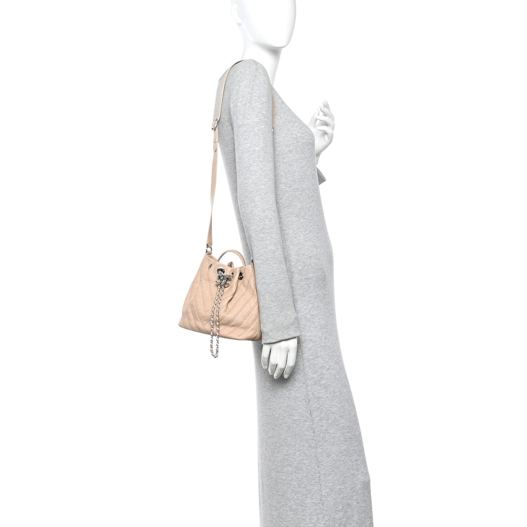 Chanel Calfskin Studded Chevron Quilted Small Stud Wars Drawstring Bag Beige