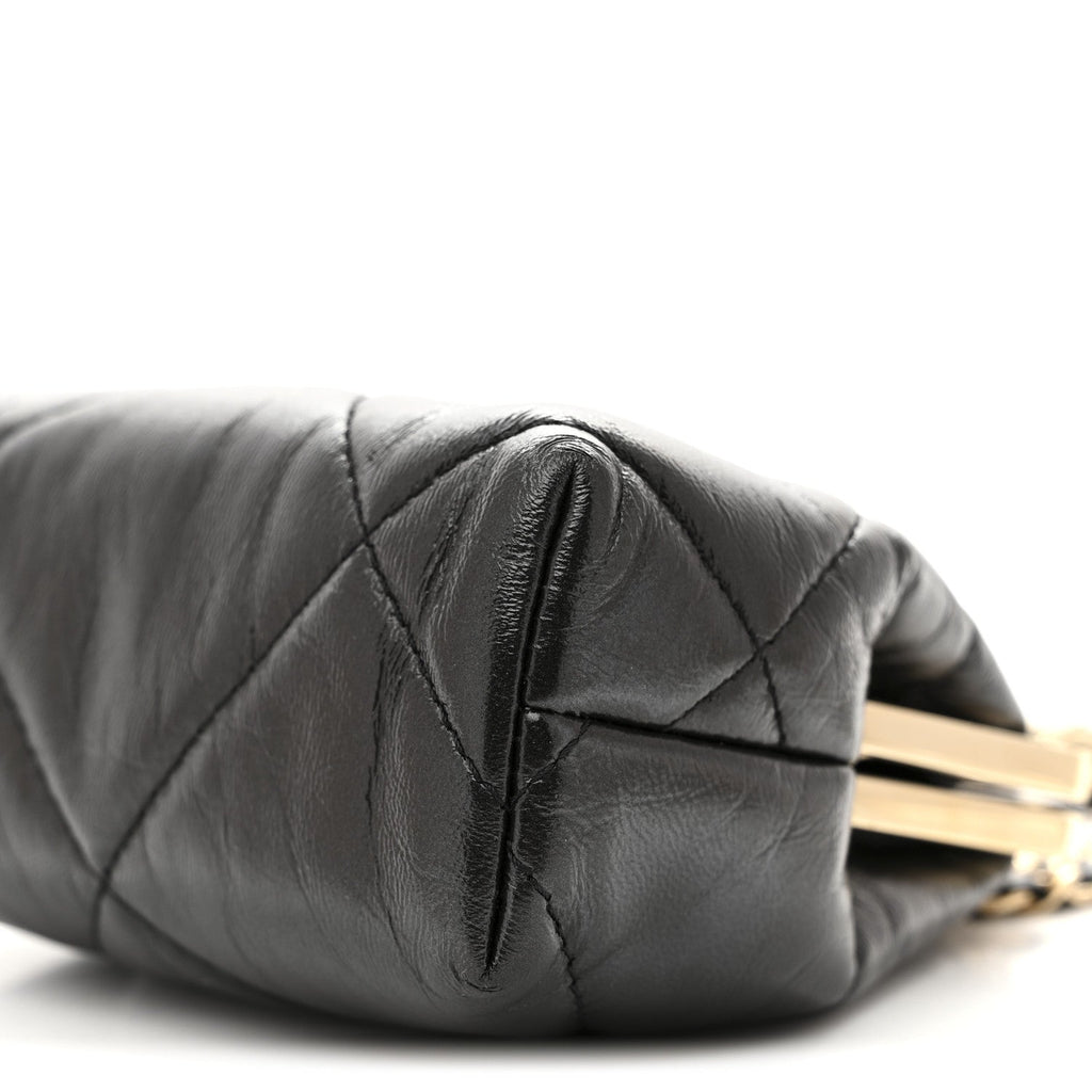 Chanel Shiny Aged Lambskin Quilted Kiss Lock Clutch With Chain Black