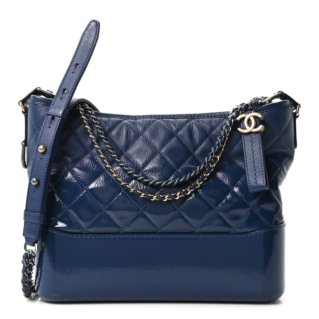 Chanel Patent Goatskin Quilted Medium Gabrielle Hobo Blue