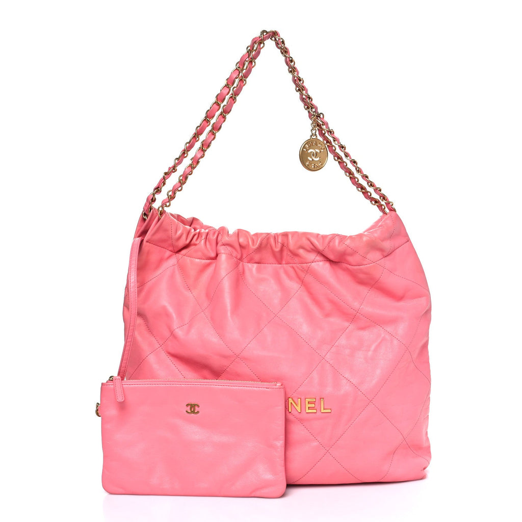 Chanel Shiny Calfskin Quilted Chanel 22 Drawstring Bag Coral Pink