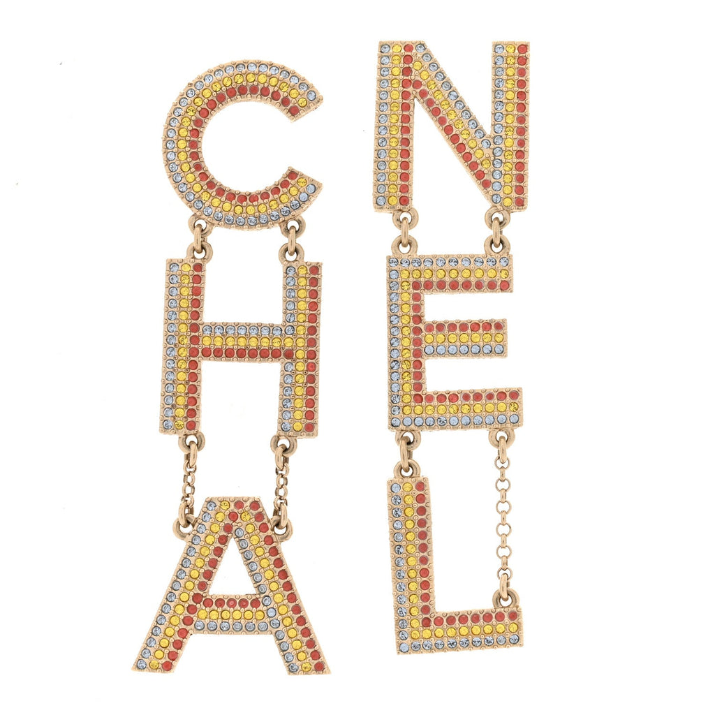 Metal Crystal Rainbow Cha-Nel Logo Drop Earrings Multicolor Gold