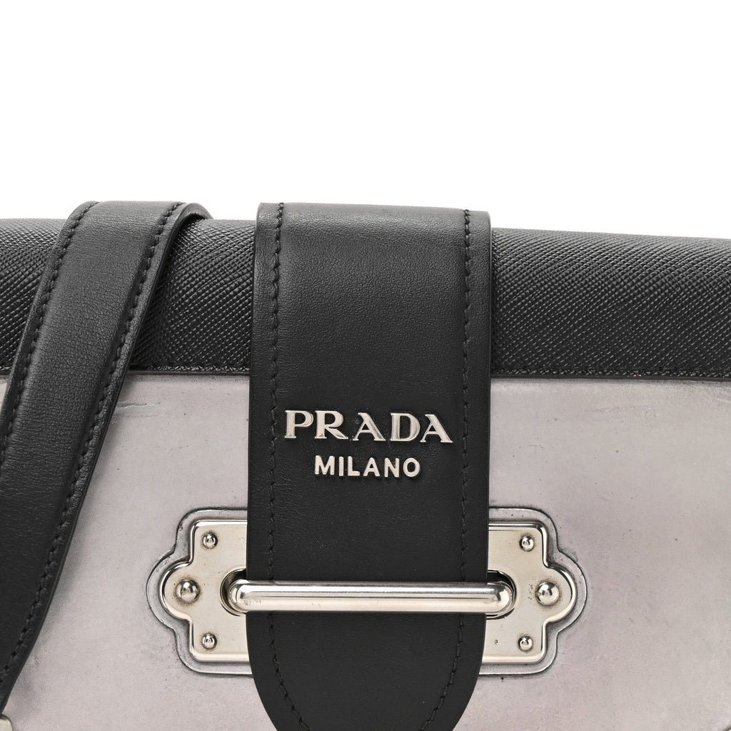 Prada Metallic Vitello Saffiano Cahier Bag Silver Black