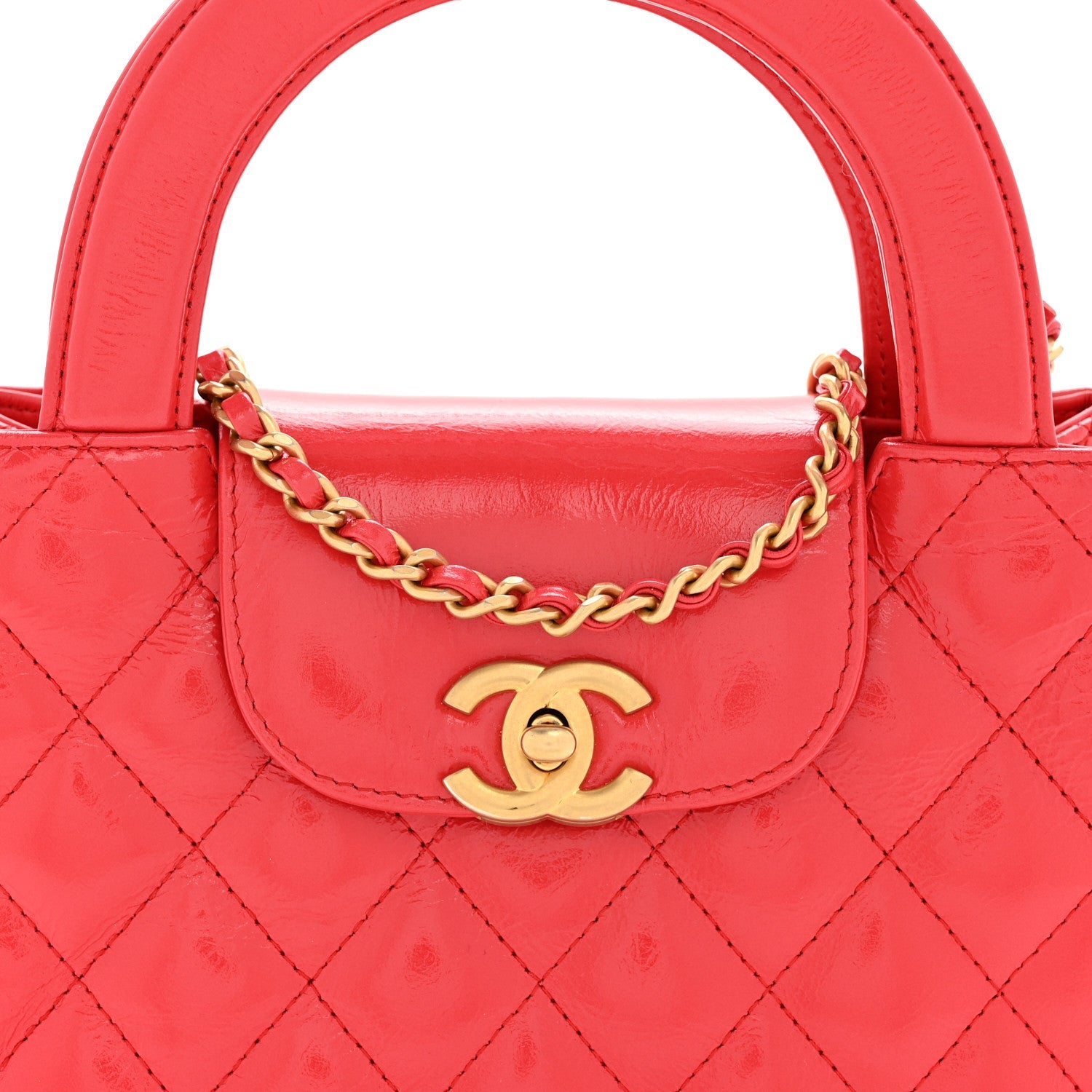Chanel Shiny Aged Calfskin Quilted Nano Kelly Shopper Red