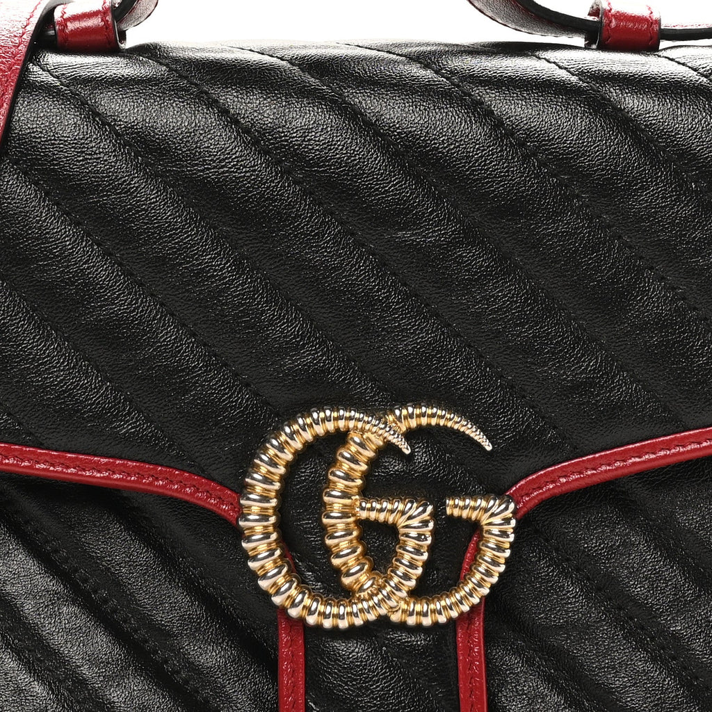 Gucci Vintage Effect Calfskin Matelasse Diagonal Small Torchon GG Marmont Top Handle Shoulder Bag Black Romantic Cherry
