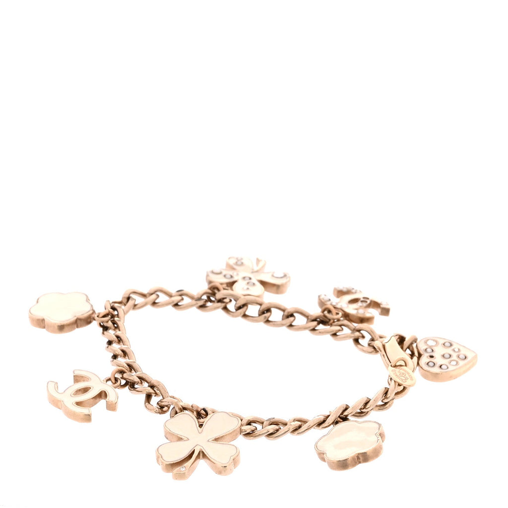 Enamel Crystal Pearl CC Lucky Charms Bracelet Gold White