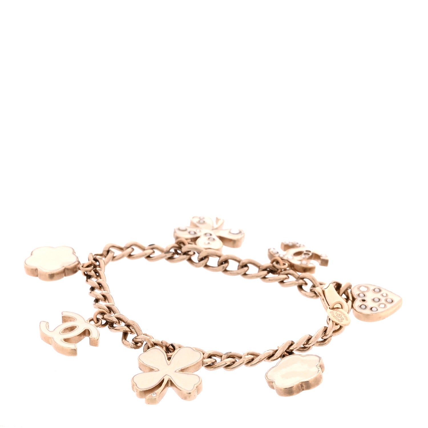 Enamel Crystal Pearl CC Lucky Charms Bracelet Gold White