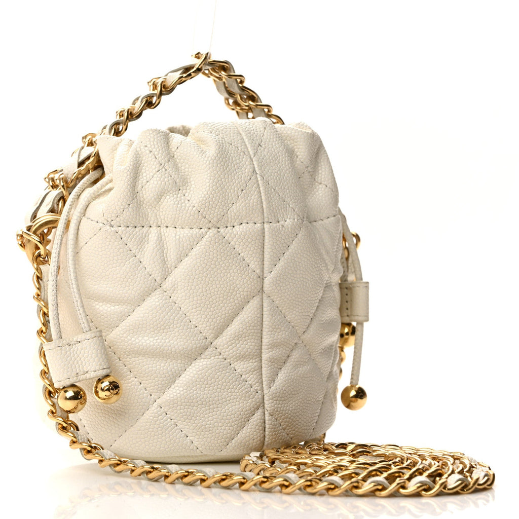 Chanel Caviar Quilted Coco First Bucket Clutch With Chain White