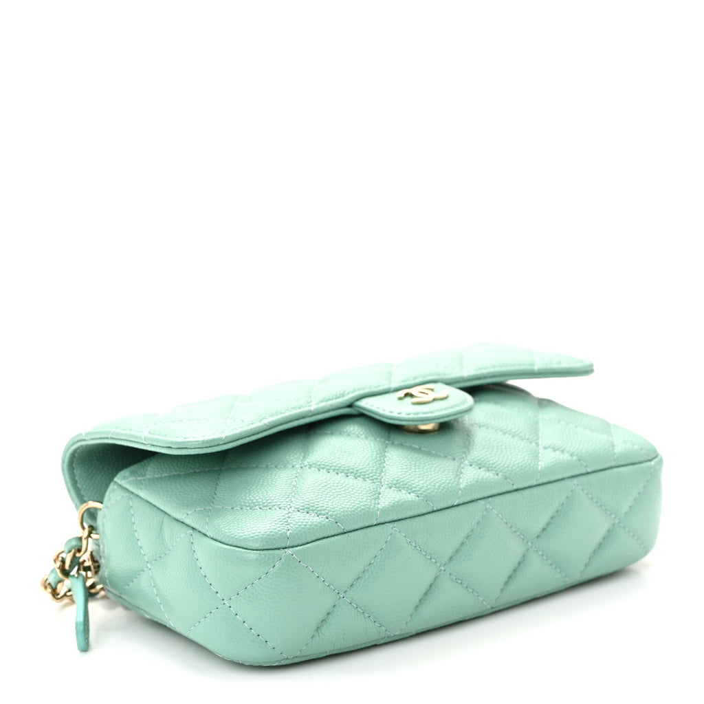 Chanel Caviar Quilted Flap Phone Holder With Chain Turquoise