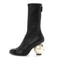 Chanel Stretch Lambskin Patent Cap Toe Pearl Ball Mid Calf Boots 35 Black