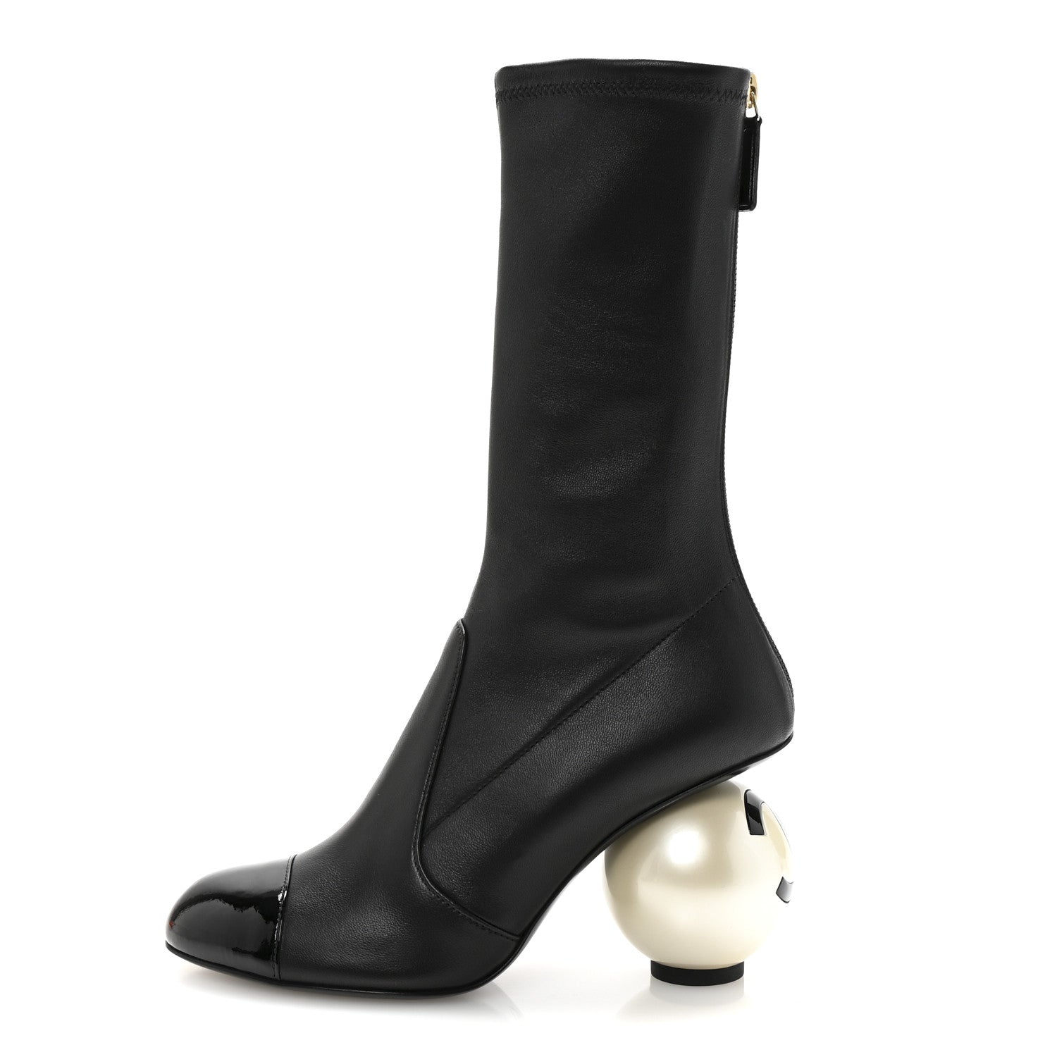 Chanel Stretch Lambskin Patent Cap Toe Pearl Ball Mid Calf Boots 35 Black
